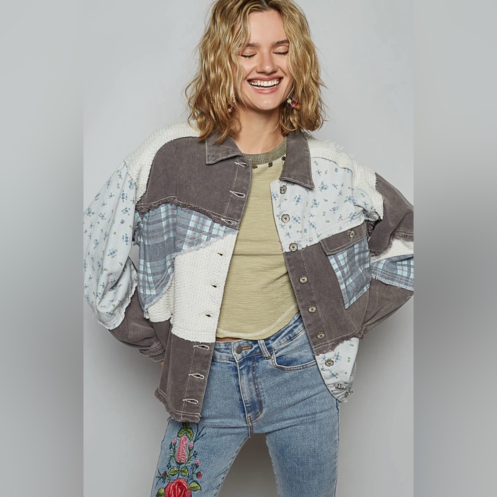 New POL Ash Black Patchwork Shacket in Gray and Blue Size Small